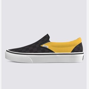 Vans Men's Black and Yellow Checkerboard Slip-On Sneakers